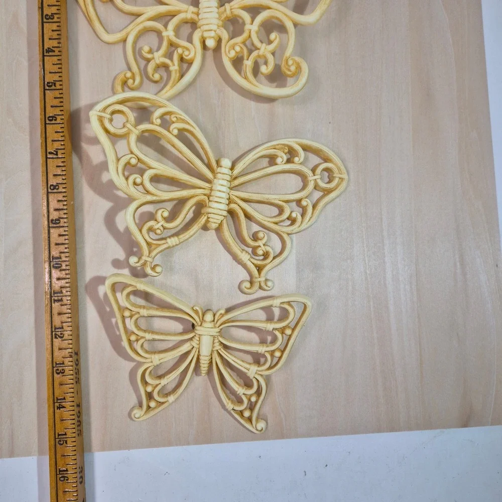Set of 3 Cream Ornate Butterfly‎ Wall Decor Sculpture Art Vintage Retro